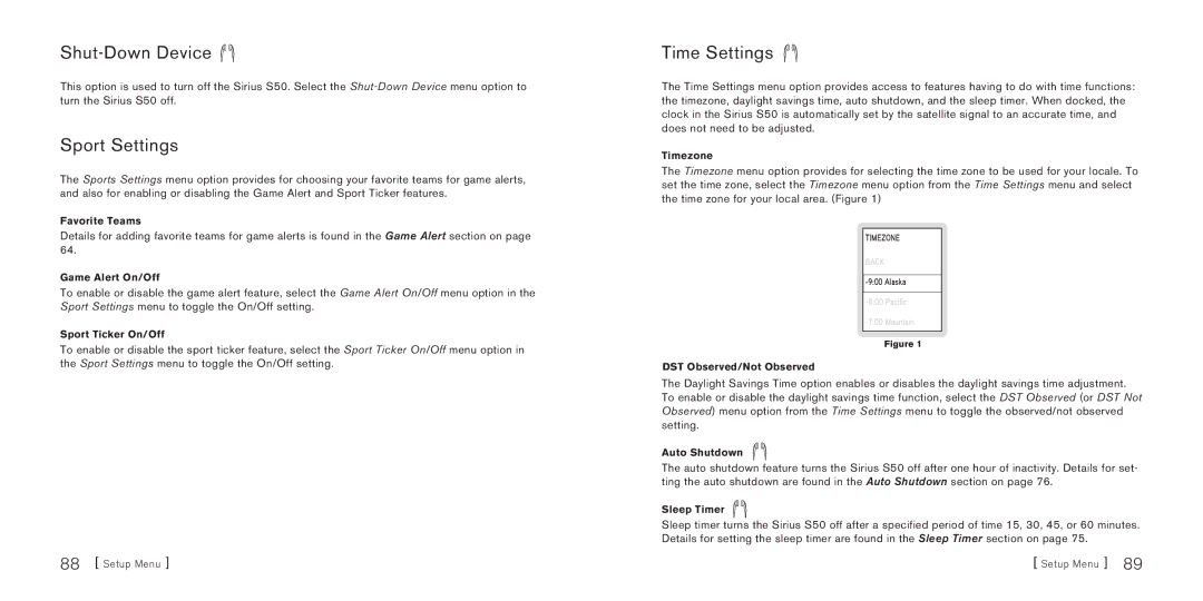 Sirius Satellite Radio S50 manual Shut-Down Device, Sport Settings, Time Settings 