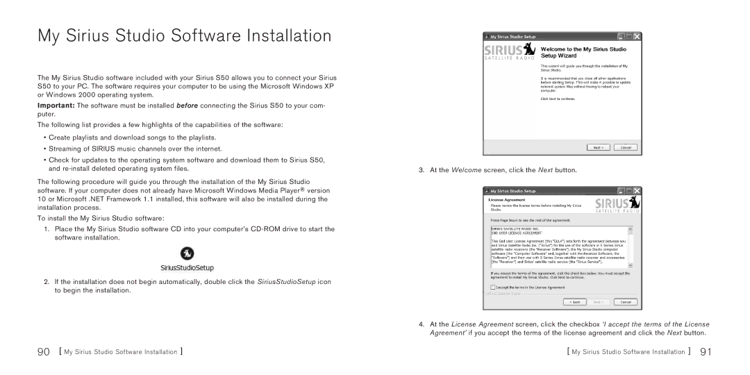 Sirius Satellite Radio S50 manual My Sirius Studio Software Installation 