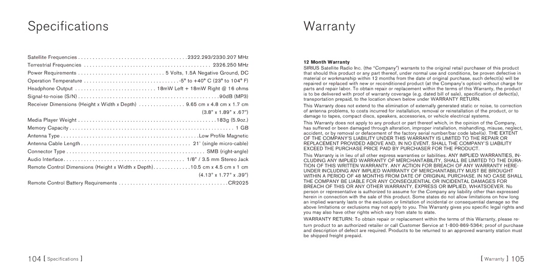 Sirius Satellite Radio S50 manual Specifications, Warranty 