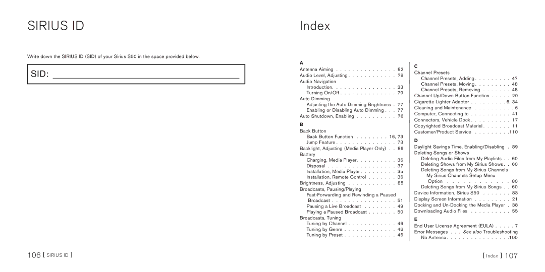 Sirius Satellite Radio S50 manual Sirius ID, Index 