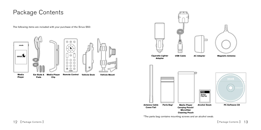 Sirius Satellite Radio S50 manual Package Contents 