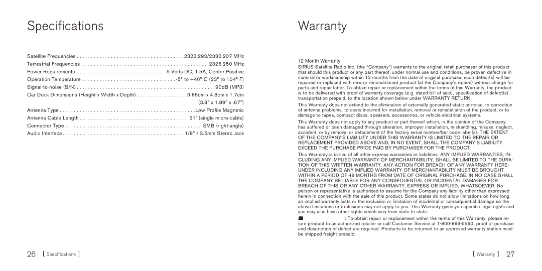 Sirius Satellite Radio S50 manual Specifications, Warranty 