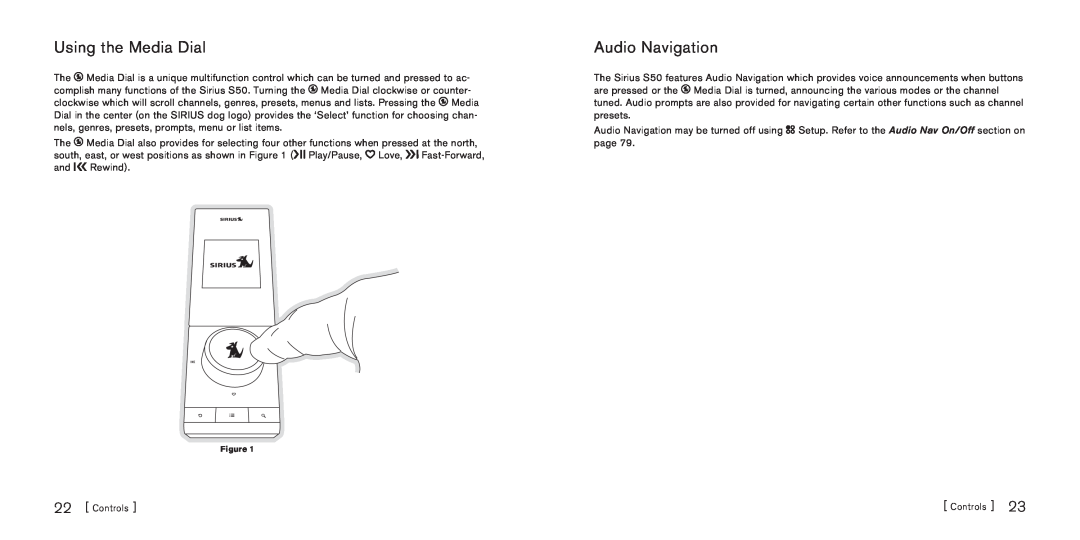 Sirius Satellite Radio S50 manual Using the Media Dial, Audio Navigation, Controls 