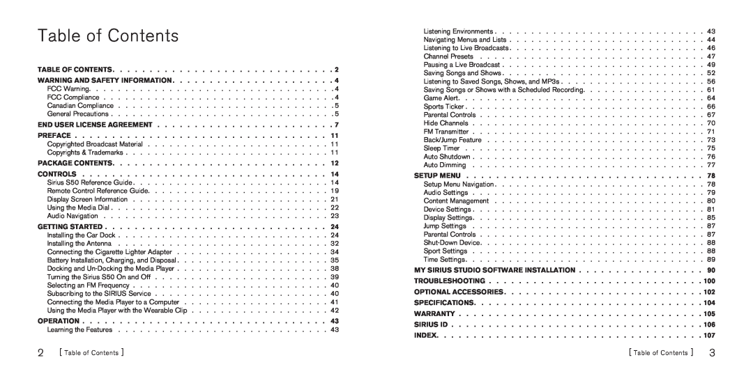 Sirius Satellite Radio S50 manual Table of Contents 