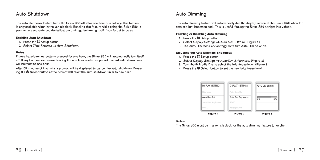 Sirius Satellite Radio S50 manual Auto Dimming, Select Time Settings Auto Shutdown 