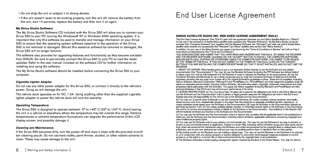 Sirius Satellite Radio S50 manual End User License Agreement, My Sirius Studio Software, Cigarette Lighter Adapter 