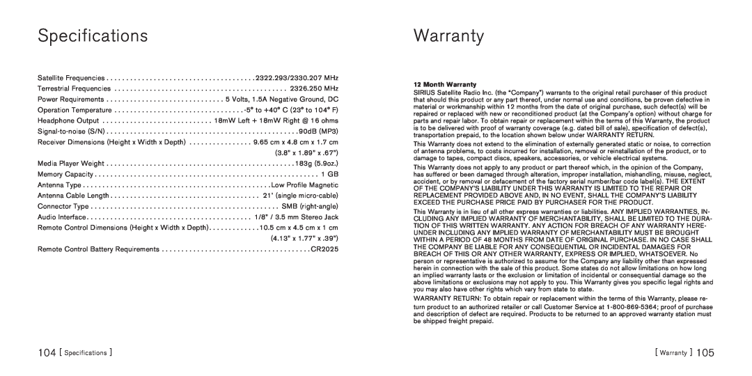 Sirius Satellite Radio S50 manual Specifications, Month Warranty 