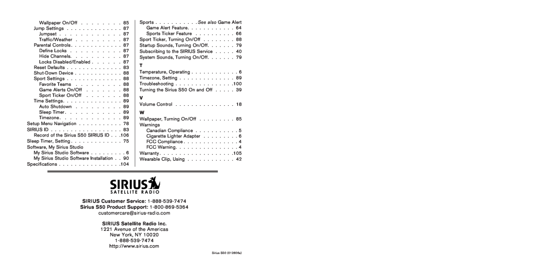 Sirius Satellite Radio manual SIRIUS Customer Service, Sirius S50 Product Support 