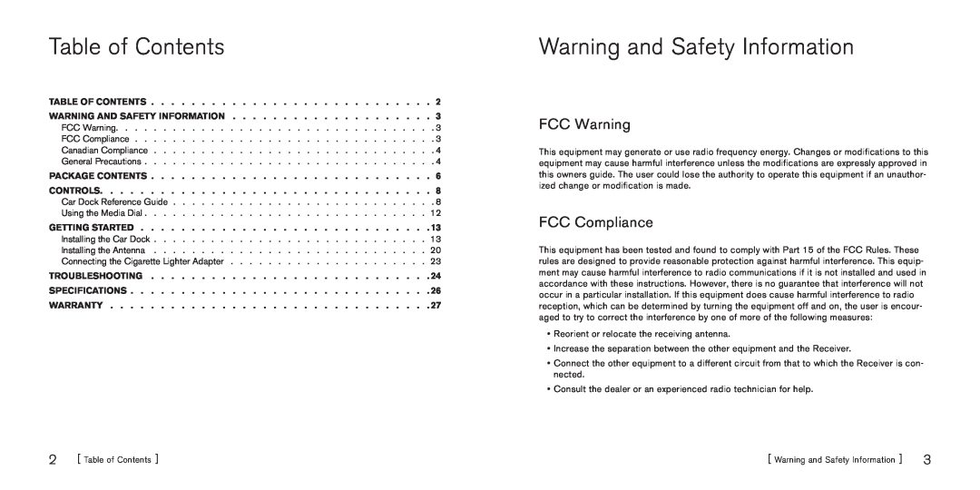 Sirius Satellite Radio S50 manual Table of Contents, Warning and Safety Information, FCC Warning, FCC Compliance 