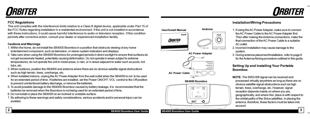 Sirius Satellite Radio SB4000 manual FCC Regulations, Installation/Wiring Precautions 