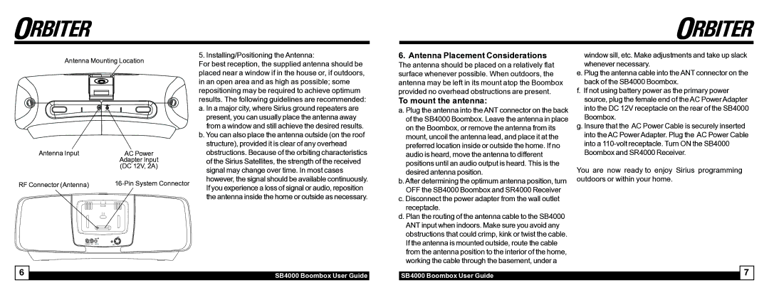 Sirius Satellite Radio SB4000 Antenna Placement Considerations, To mount the antenna, Installing/Positioning the Antenna 