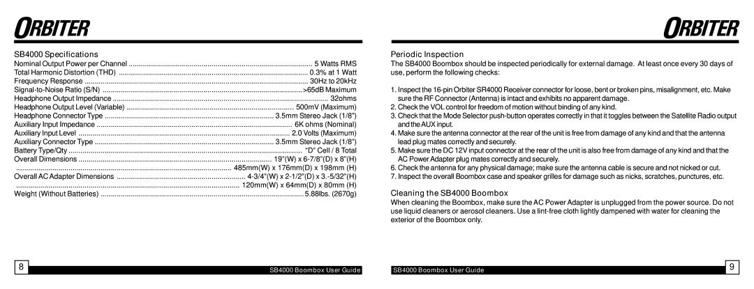 Sirius Satellite Radio manual SB4000 Specifications, Periodic Inspection, Cleaning the SB4000 Boombox 