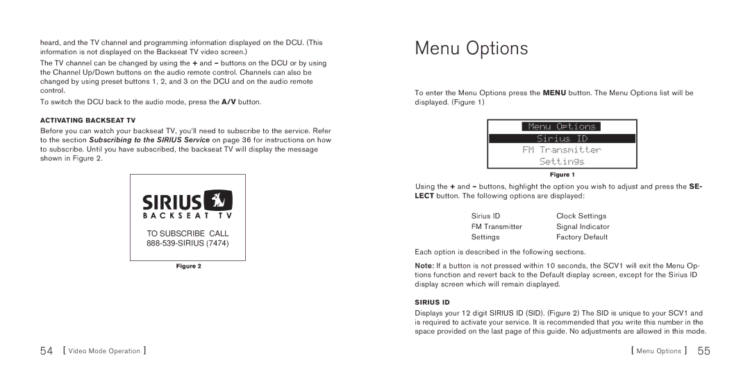 Sirius Satellite Radio SBTV091807a manual Menu Options Sirius ID, Each option is described in the following sections 