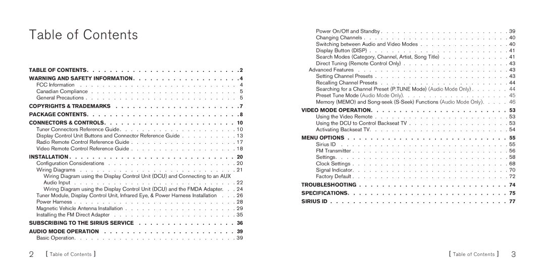 Sirius Satellite Radio SBTV091807a manual Table of Contents 