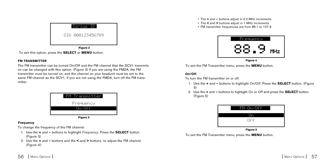 Sirius Satellite Radio SBTV091807a manual FM Transmitter, Frequency, FM On/Off 