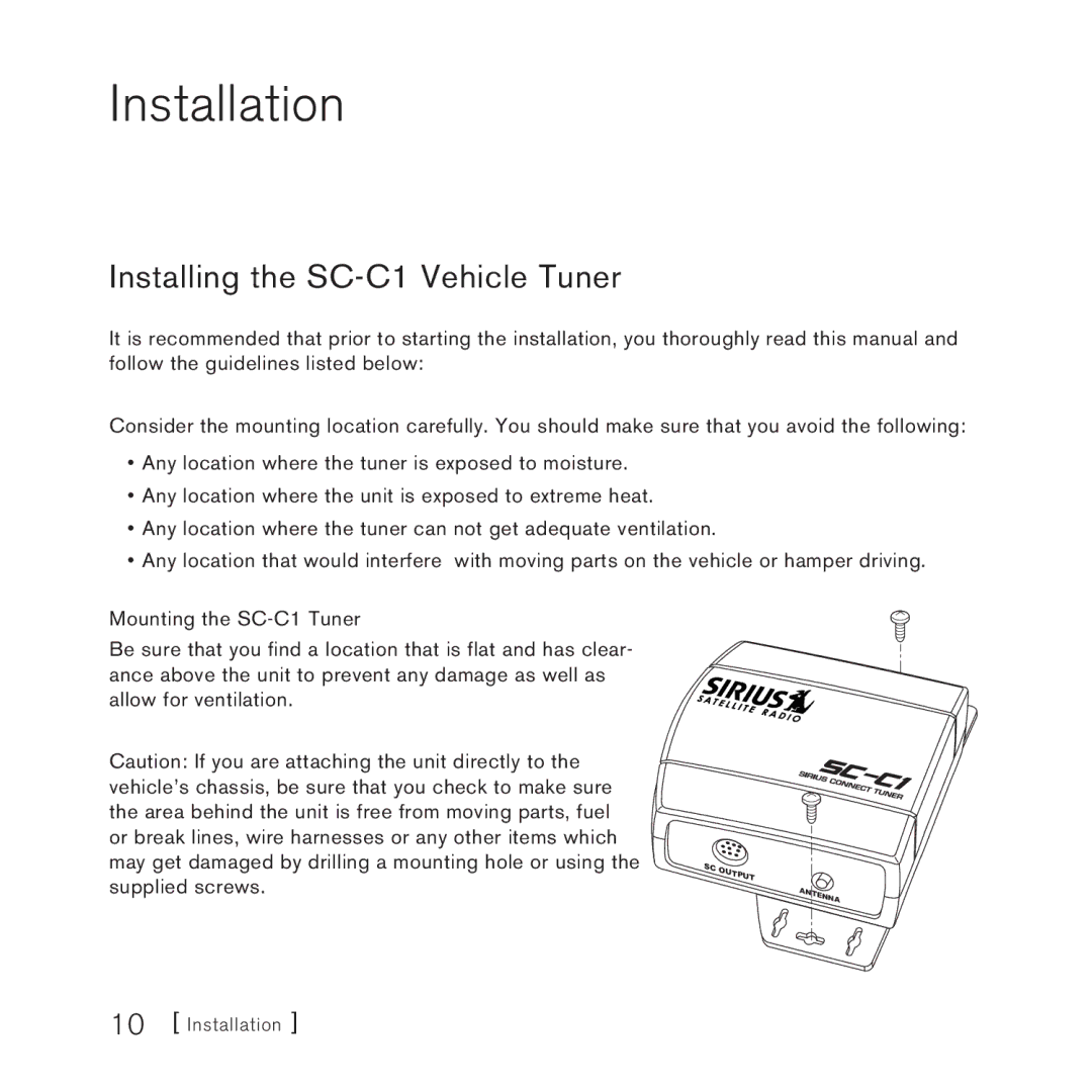 Sirius Satellite Radio SC-C1M manual Installation, Installing the SC-C1 Vehicle Tuner 