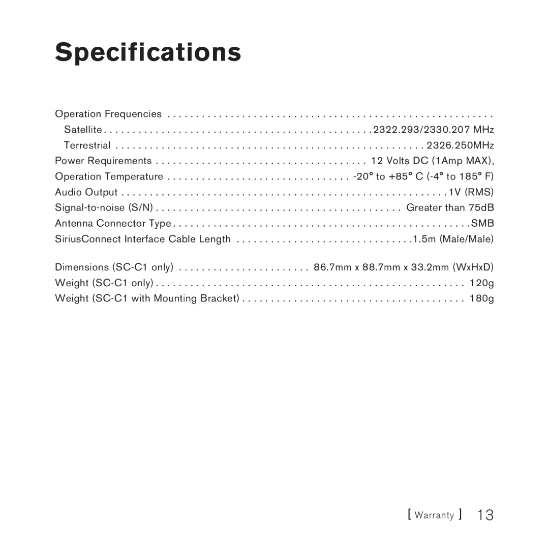 Sirius Satellite Radio SC-C1M manual Specifications 