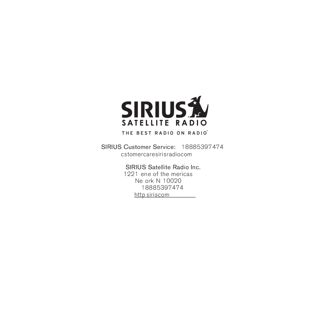 Sirius Satellite Radio SC-C1M manual Sirius Customer Service Customercare@sirius-radio.com 