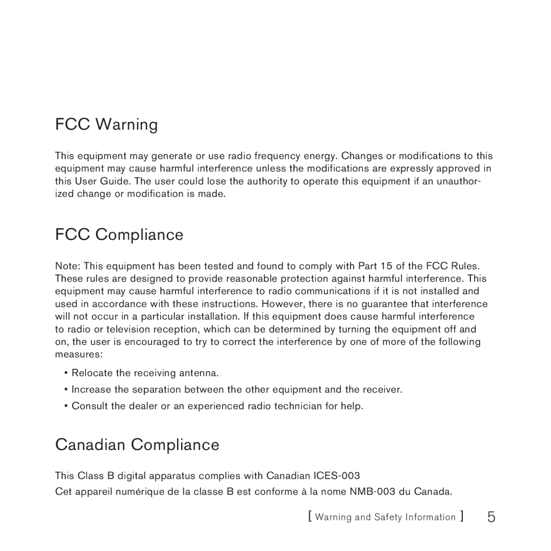 Sirius Satellite Radio SC-C1M manual FCC Warning, FCC Compliance, Canadian Compliance 