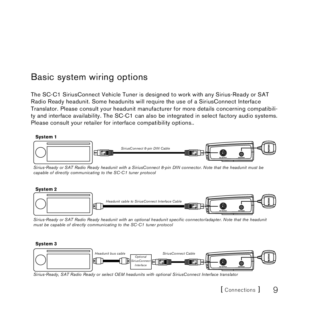 Sirius Satellite Radio SC-C1M manual Basic system wiring options, System 