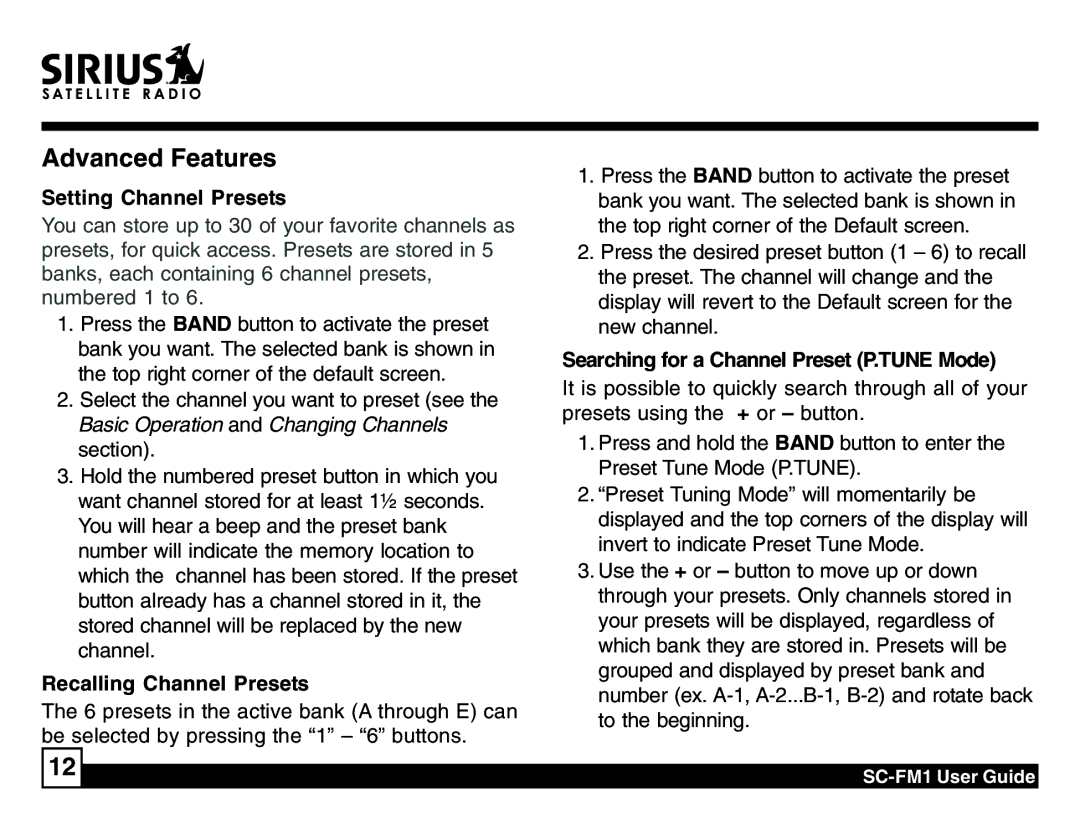 Sirius Satellite Radio SC-FM1 manual Setting Channel Presets, Recalling Channel Presets 