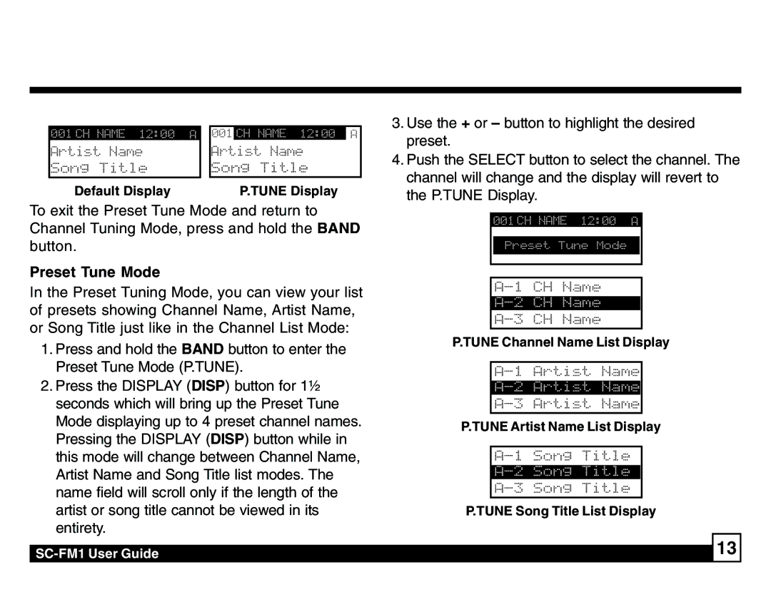 Sirius Satellite Radio SC-FM1 manual Preset Tune Mode 