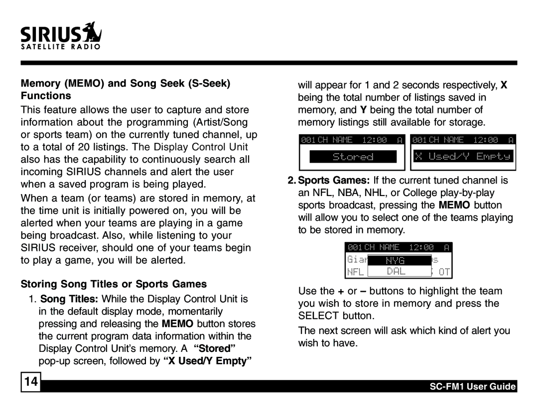 Sirius Satellite Radio SC-FM1 manual Memory Memo and Song Seek S-Seek Functions, Storing Song Titles or Sports Games 