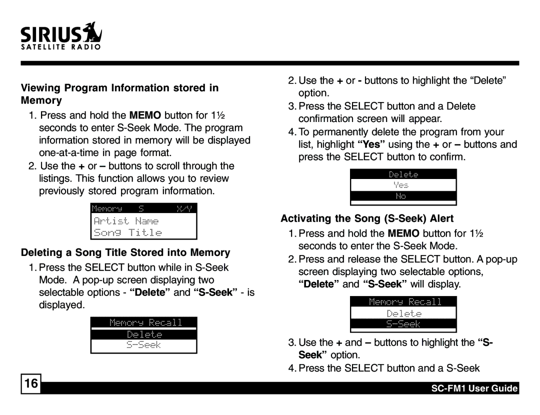 Sirius Satellite Radio SC-FM1 manual Viewing Program Information stored in Memory, Deleting a Song Title Stored into Memory 