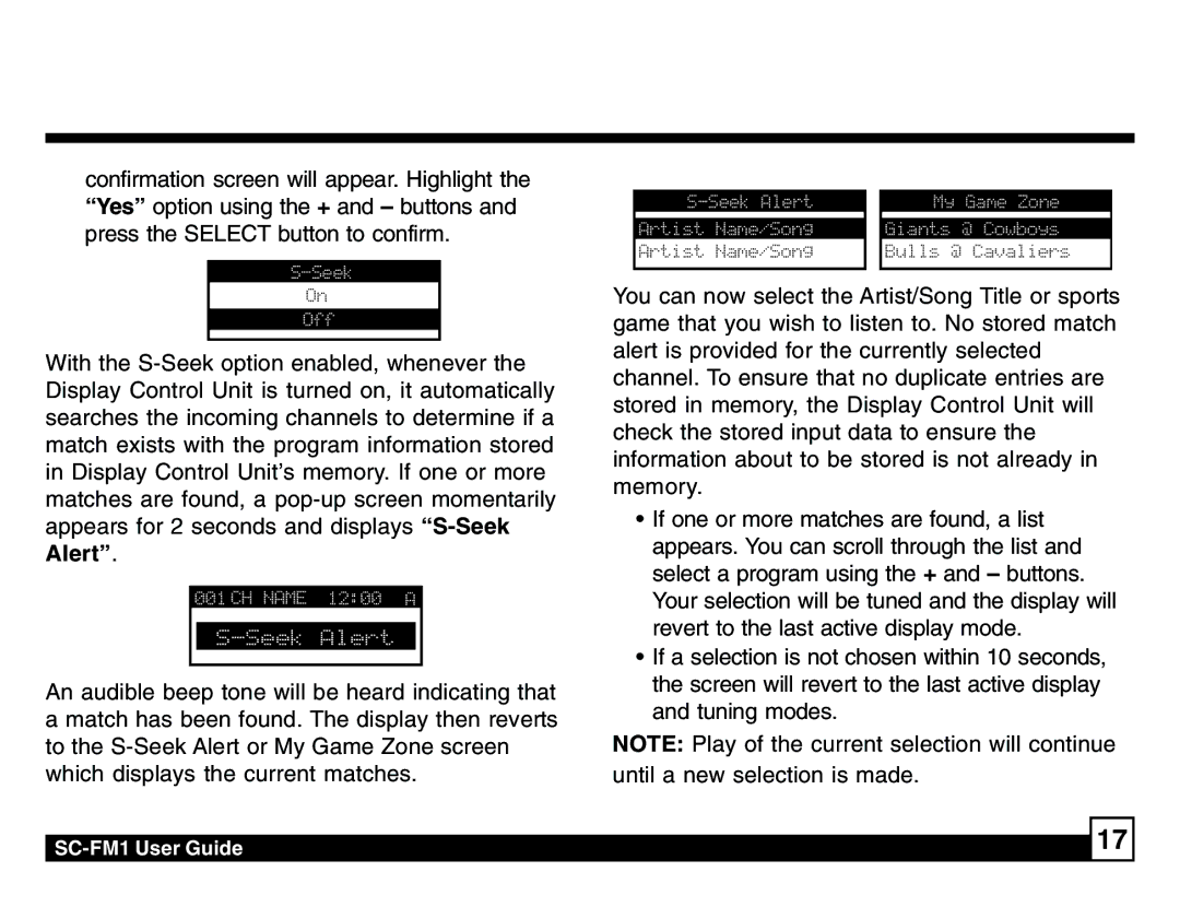 Sirius Satellite Radio SC-FM1 manual Seek Alert 