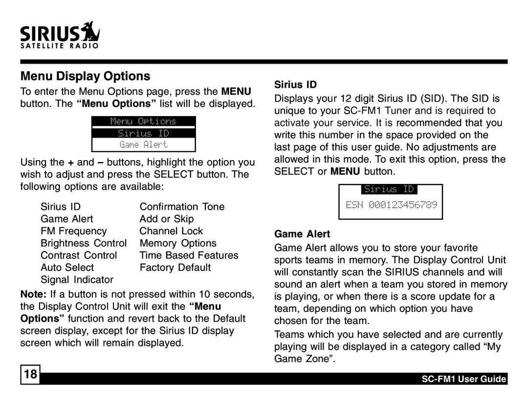 Sirius Satellite Radio SC-FM1 manual Sirius ID, Game Alert 