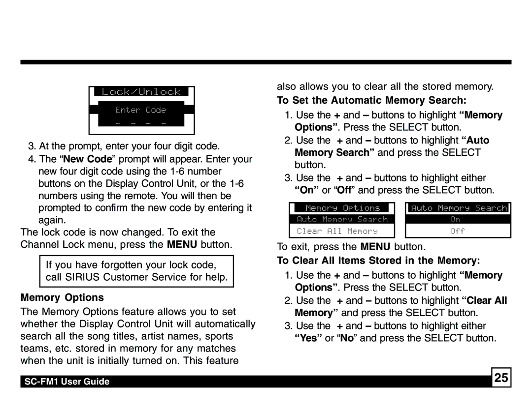 Sirius Satellite Radio SC-FM1 Memory Options, To Set the Automatic Memory Search, To Clear All Items Stored in the Memory 