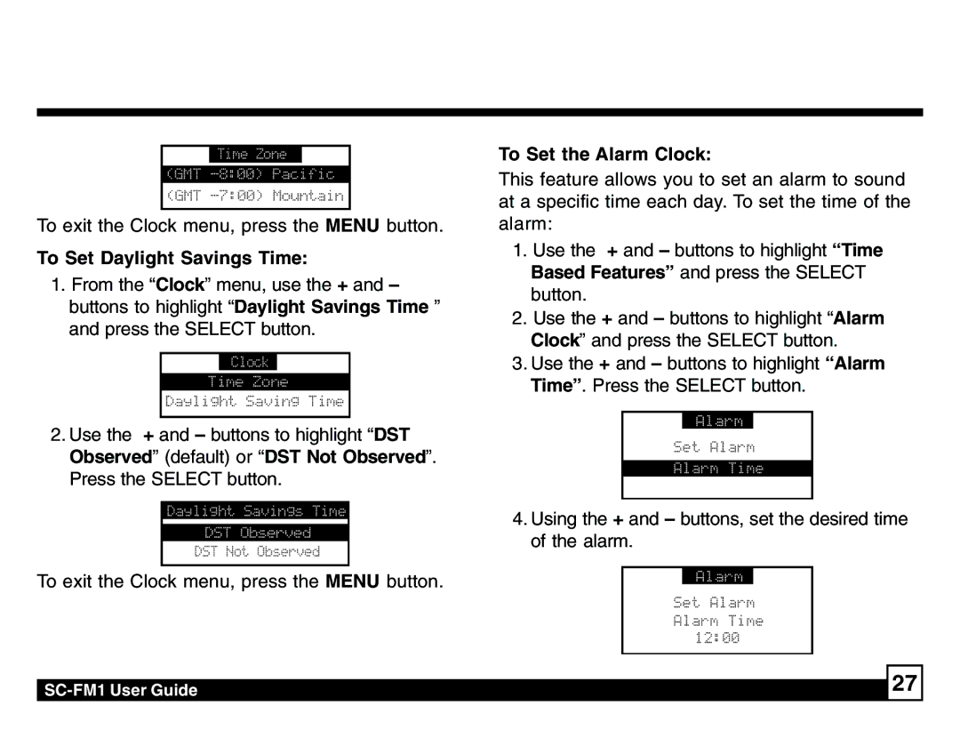 Sirius Satellite Radio SC-FM1 manual To Set Daylight Savings Time, To Set the Alarm Clock 