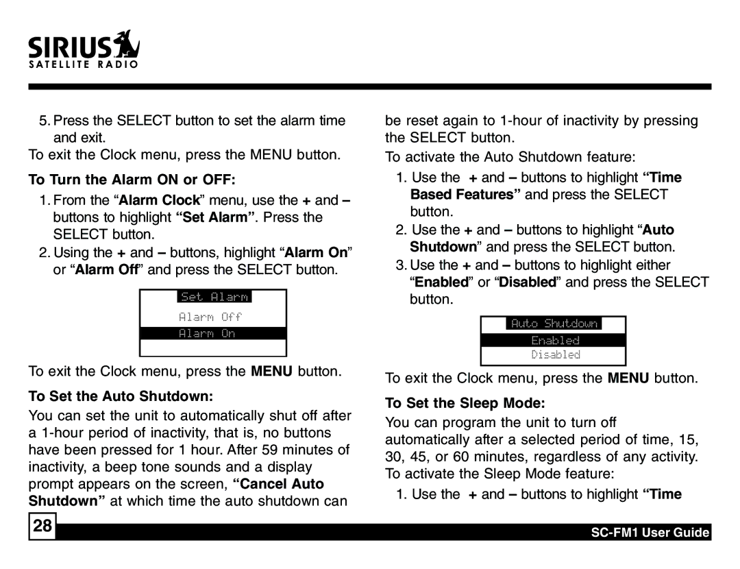 Sirius Satellite Radio SC-FM1 manual To Turn the Alarm on or OFF, To Set the Auto Shutdown, To Set the Sleep Mode 