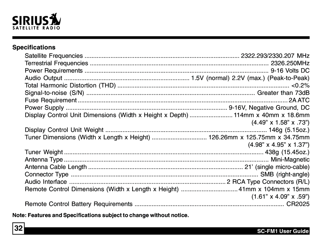 Sirius Satellite Radio SC-FM1 manual Specifications, 2A ATC 