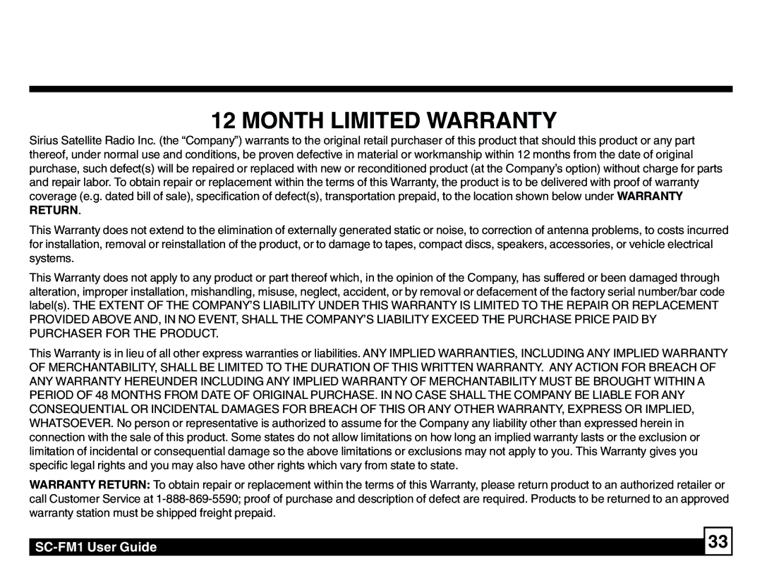 Sirius Satellite Radio SC-FM1 manual Month Limited Warranty 