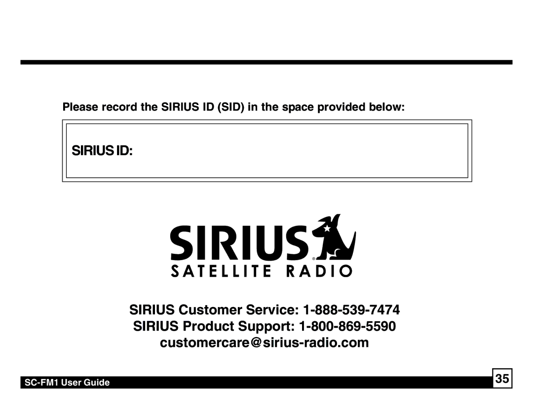 Sirius Satellite Radio SC-FM1 manual Sirius ID 