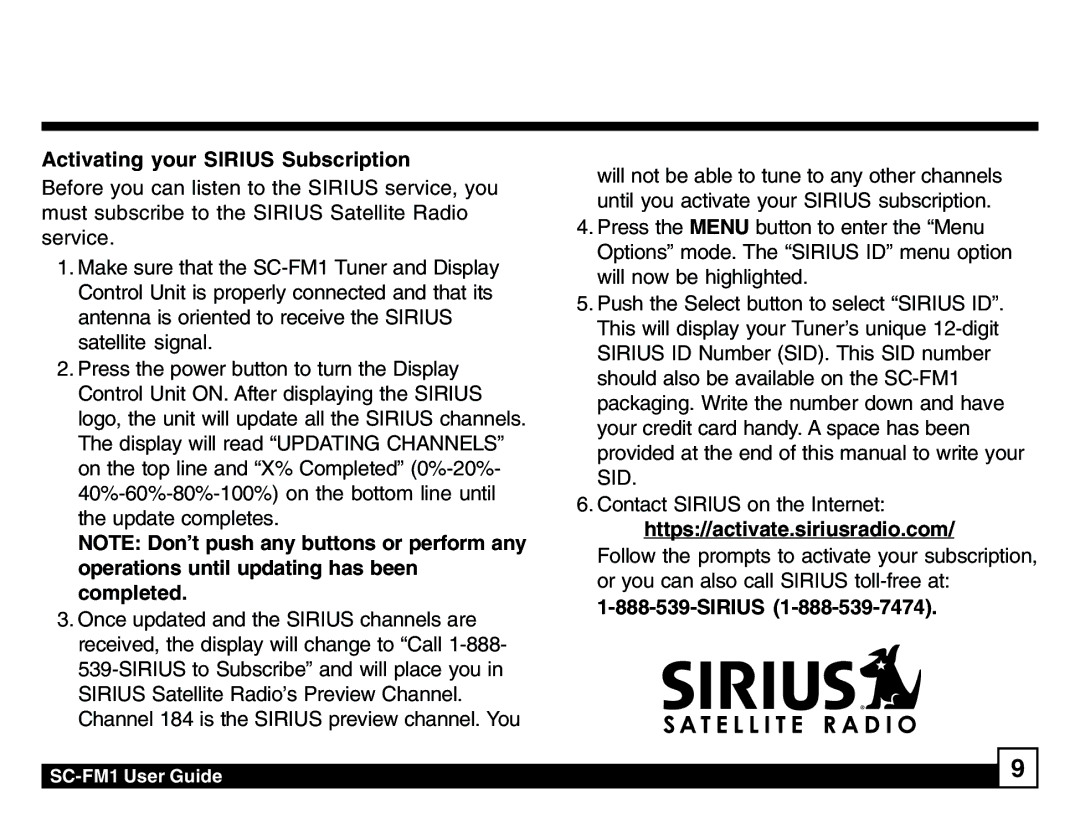 Sirius Satellite Radio SC-FM1 manual Activating your Sirius Subscription 