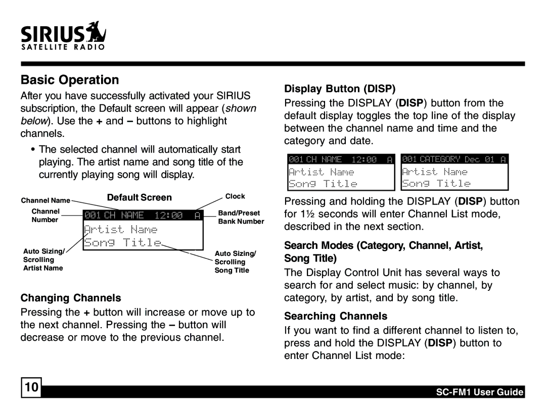 Sirius Satellite Radio SC-FM1 Display Button Disp, Search Modes Category, Channel, Artist, Song Title, Changing Channels 