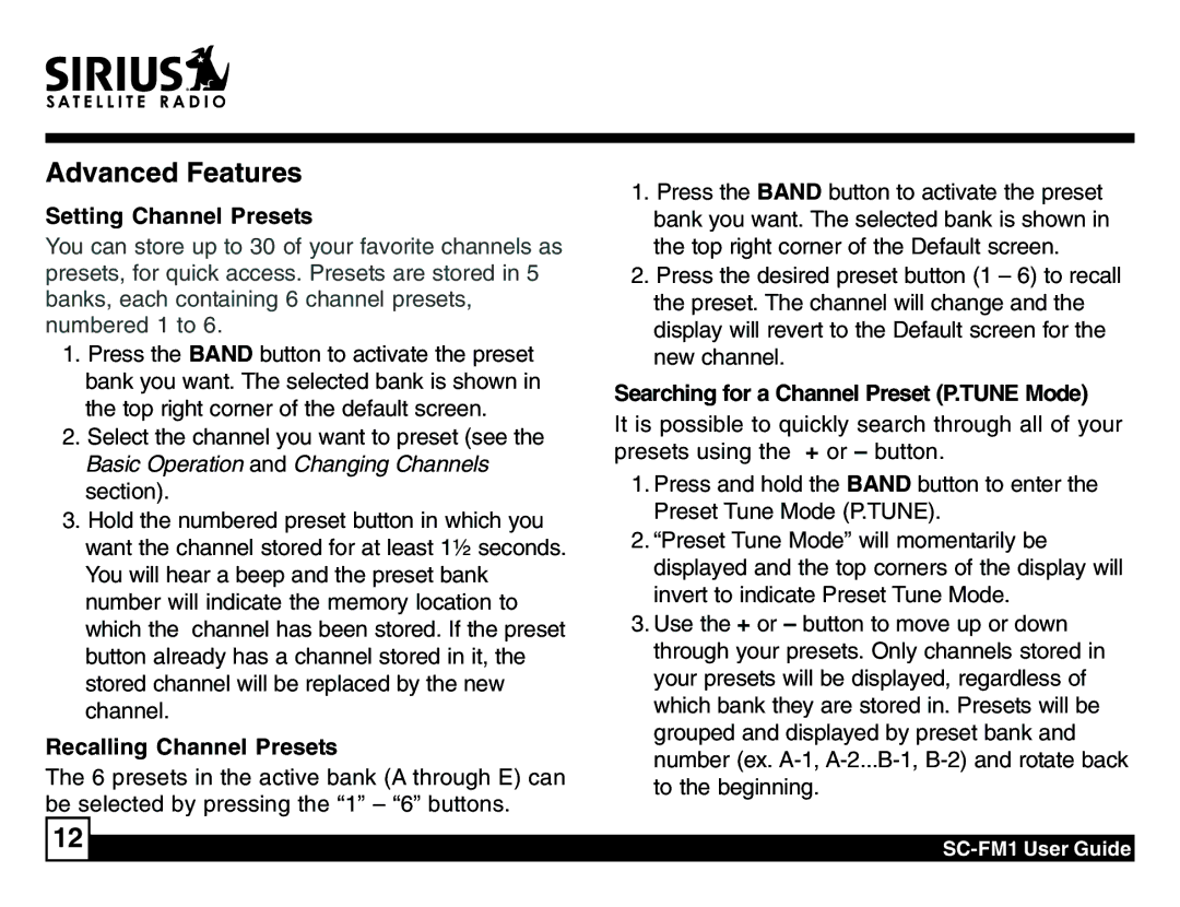 Sirius Satellite Radio SC-FM1 manual Setting Channel Presets, Recalling Channel Presets 