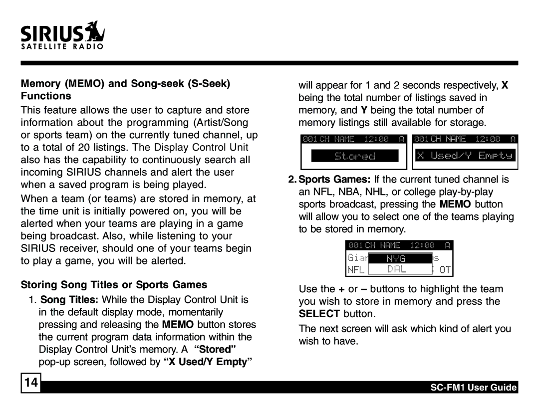 Sirius Satellite Radio SC-FM1 manual Memory Memo and Song-seek S-Seek Functions, Storing Song Titles or Sports Games 