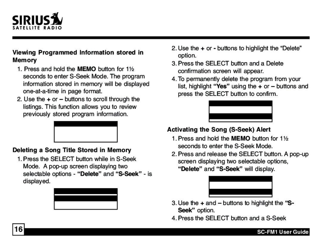 Sirius Satellite Radio SC-FM1 Viewing Programmed Information stored in Memory, Deleting a Song Title Stored in Memory 