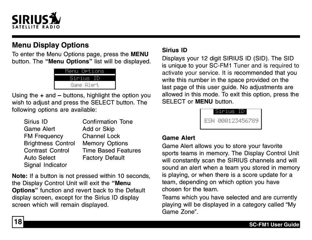 Sirius Satellite Radio SC-FM1 manual Sirius ID, Game Alert 