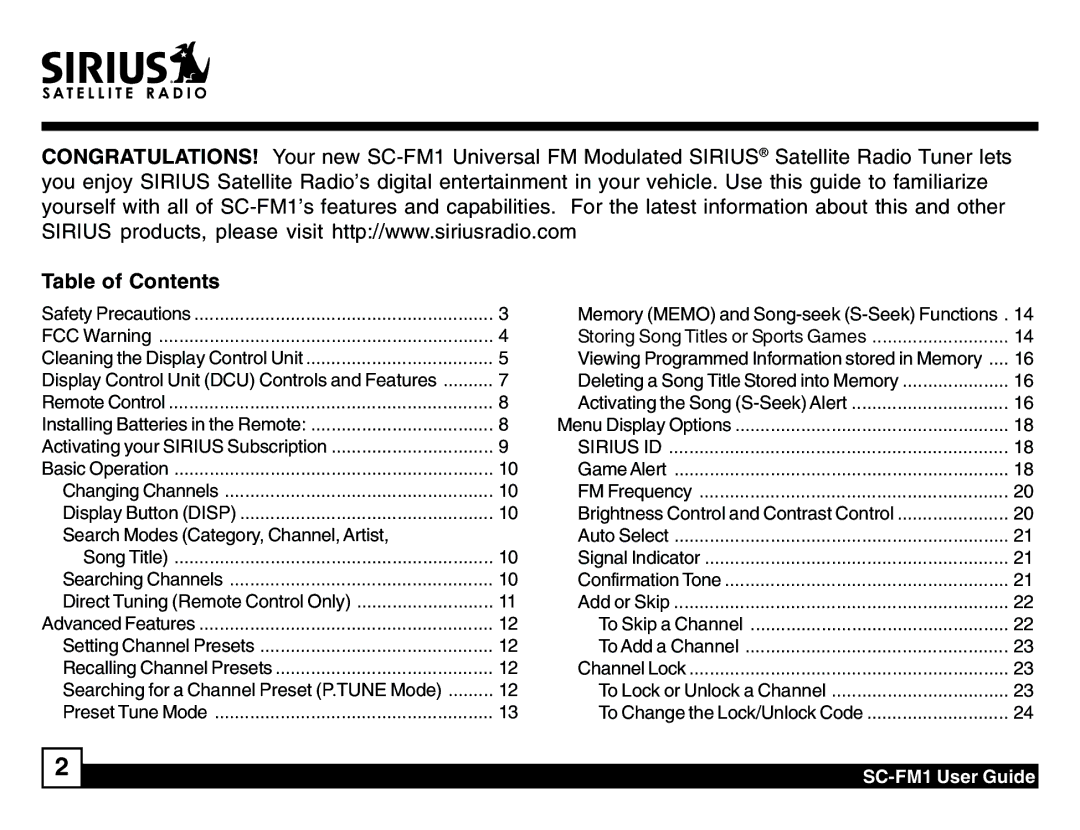 Sirius Satellite Radio SC-FM1 manual Table of Contents 