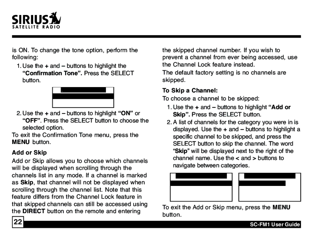 Sirius Satellite Radio SC-FM1 manual To Skip a Channel, Add or Skip 