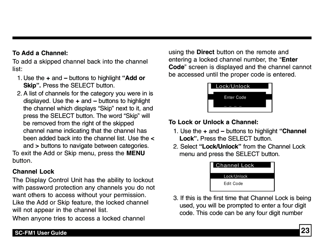 Sirius Satellite Radio SC-FM1 manual To Add a Channel, Channel Lock, To Lock or Unlock a Channel 