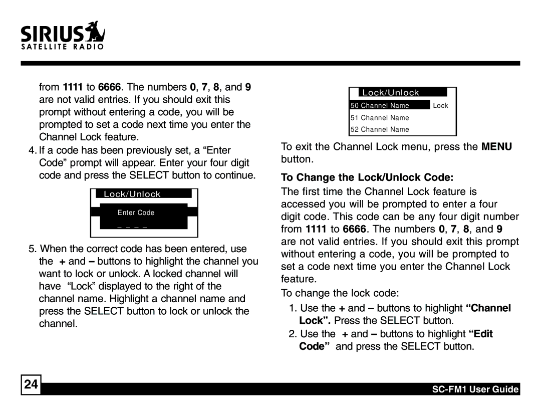 Sirius Satellite Radio SC-FM1 manual To Change the Lock/Unlock Code 