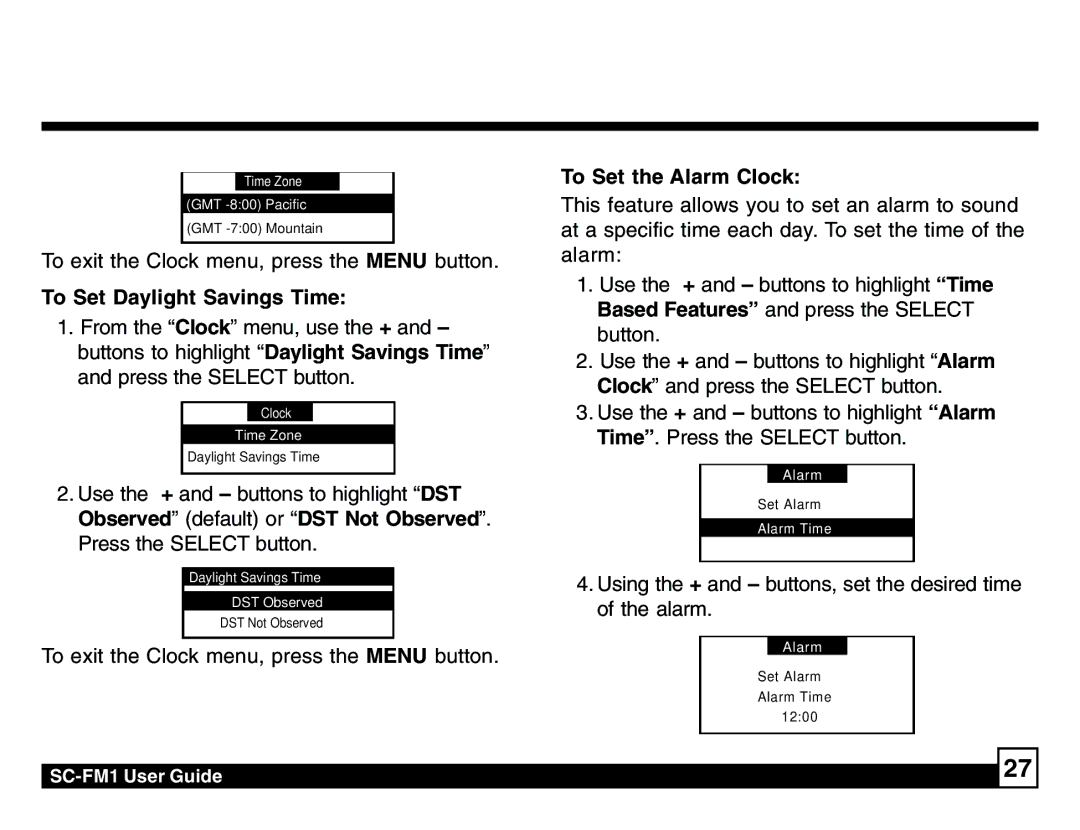 Sirius Satellite Radio SC-FM1 manual To Set Daylight Savings Time, To Set the Alarm Clock 