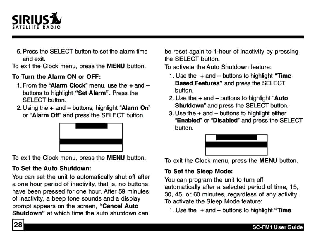 Sirius Satellite Radio SC-FM1 manual To Turn the Alarm on or OFF, To Set the Auto Shutdown, To Set the Sleep Mode 