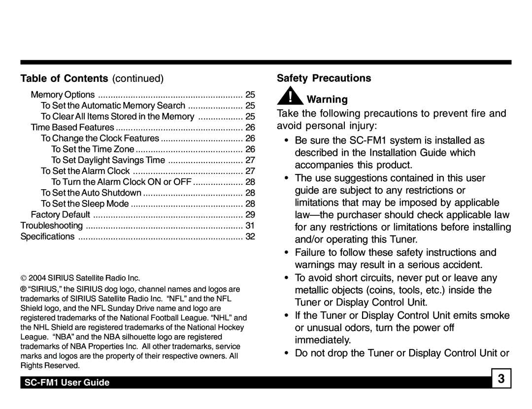 Sirius Satellite Radio SC-FM1 manual Safety Precautions 