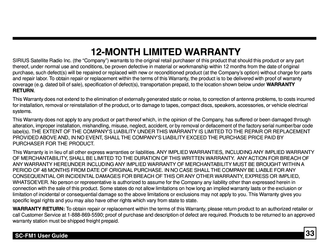 Sirius Satellite Radio SC-FM1 manual Month Limited Warranty 